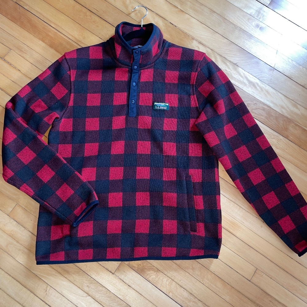 L.L. Bean Sweater Fleece Pullover Buffalo Plaid Garnet Warm Cozy Pockets